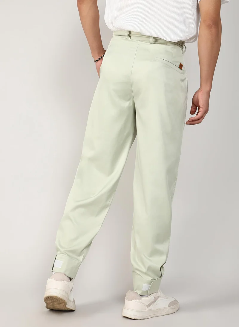 CAHOOT  Men's Pale Green Satin Tapered Trousers For Casual Wear | Tailored Fit | 4 Pockets | Button Closure | Trousers Crafted With Comfort Fit For Everyday Wear for Men | Best Price UAE